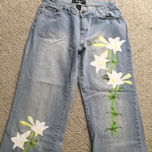 ANGFU/VINTAGE-STENCIL AIR BRUSH/ FLORAL DISTRESSED JEANS